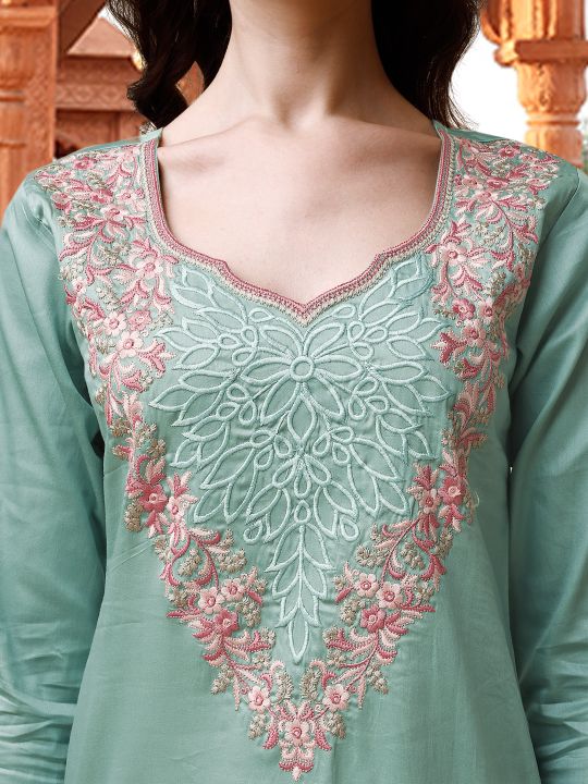 Sea Green Floral Embroidered Regular Pure Cotton Kurta & Trousers With Dupatta